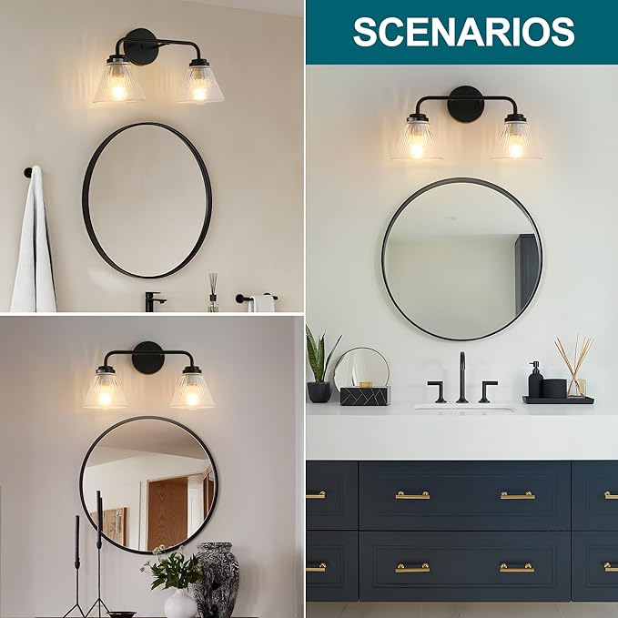 Modern Black Bathroom Vanity Light, 2-Light Wall Sconce with Clear Ribbed Glass Shades, Farmhouse Industrial Light Fixture for Bathroom, Vanity Mirror, Powder Room, Hallway (black, Powder Coated, 2)