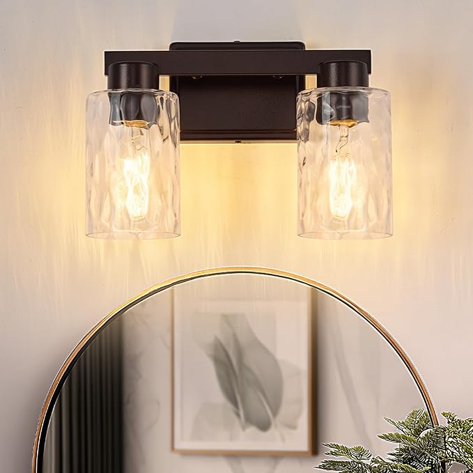 2-Light Bathroom Light Fixtures Modern Oil Rubbed Bronze Vanity Lights with Water Ripple Glass Wall Sconces Over Mirror for Bathroom, Powder Room, Living Room