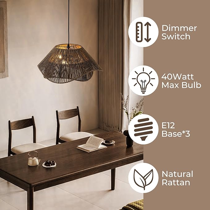 LumStory Dark Brown Rattan Pendant Light Fixture Farmhouse Boho Woven Rattan Chandelier for Dining Room, 3-Light Large Black Bohemian Rustic Wicker Ceiling Hanging Lamp Over Table for Kitchen Island