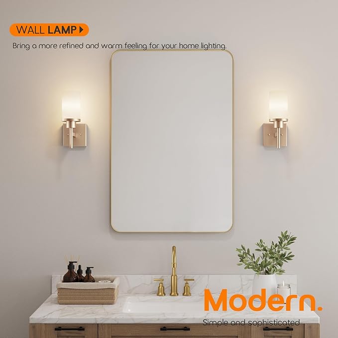 Vanity Lighting Fixtures with White Frosted Glass Champagne Bronze Wall Lamp Over Bathroom Mirror for Bedroom, Living Room, Washroom Porch T001CPG-L1