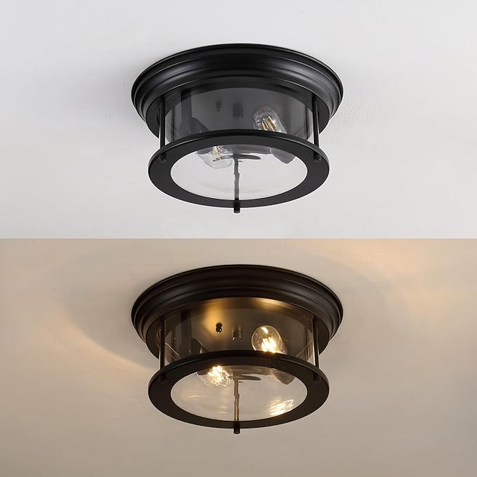 JONATHAN Y 13.25" Black 2-Light LED Flush Mount Ceiling Light Fixture, Modern Clear Glass Drum Shade, Industrial Farmhouse Lighting for Kitchen Hallway Bedroom (JYL7446D)