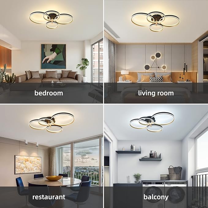 Ganeed Dimmable LED Ceiling Light Modern 4 Rings Ceiling Lamp with Remote Control,60W Gold Flush Mount Ceiling Lights for Living Room, Bedroom, Kitchen, Corridor, Dining Room,Office 3 Color
