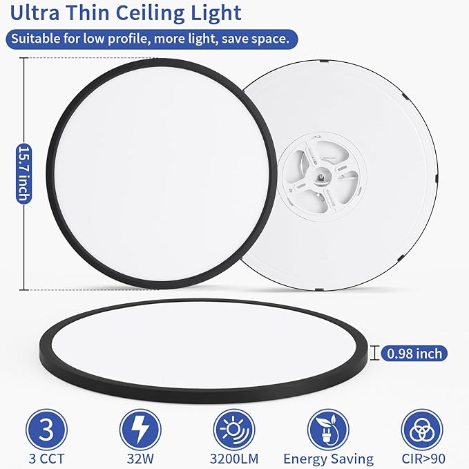 16 inch LED Flush Mount Ceiling Light, 32W 3200lm Dimmable Ceiling Light Fixtures, 3000K/4000K/6500K Selectable, Ultra Thin Round Lamp for Bedroom Kitchen Living Room Dining Room, Black