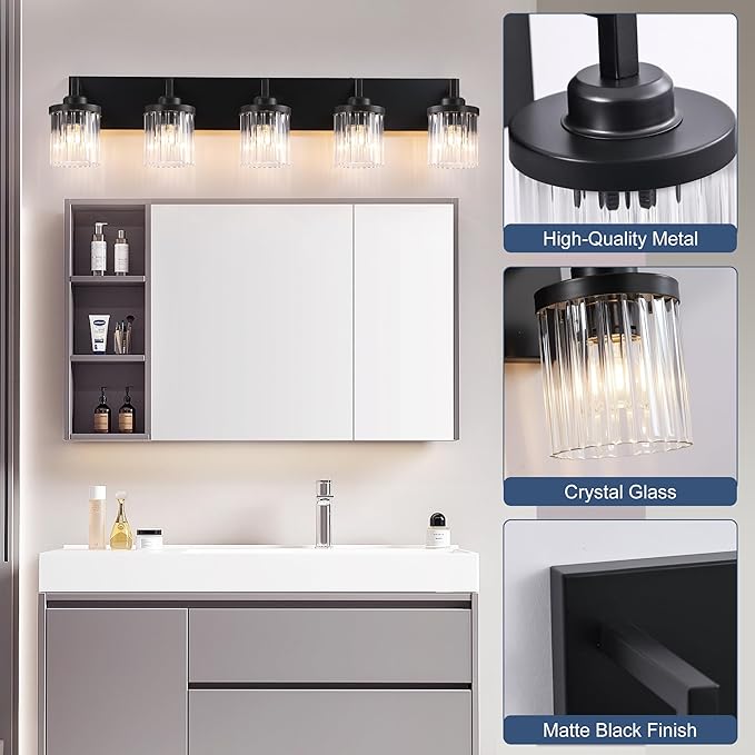 Modern Crystal Bathroom Light Fixtures, 5 Light Black Farmhouse Vanity Lights, with Crystal Glass Shade, Industrial Bathroom Lighting Fixtures Over Mirror Wall Light for Bedroom Living Room