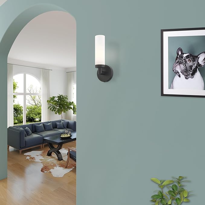Livex Lighting 10103-04 Aero Collection ADA 1-Light Wall Sconce Light with Satin Opal White Glass Cylinder Shade, Black, 4.25 x 11