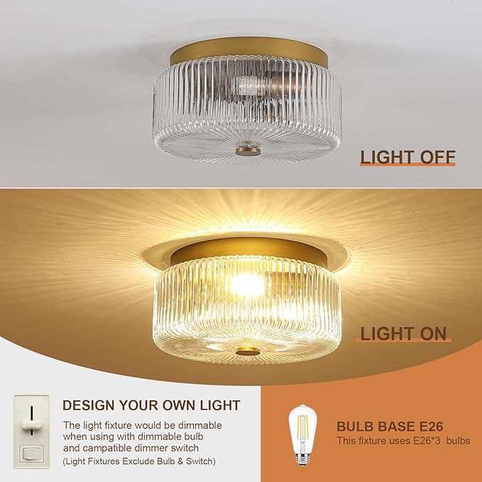 11.8 Inch Gold Flush Mount Ceiling Light, Mid-Century Modern Luxury 3-Light Close to Ceiling Light Fixture with Clear Striped Glass Shade, Elegant Lighting for Bedroom Hallway Kitchen Entryway Foyer