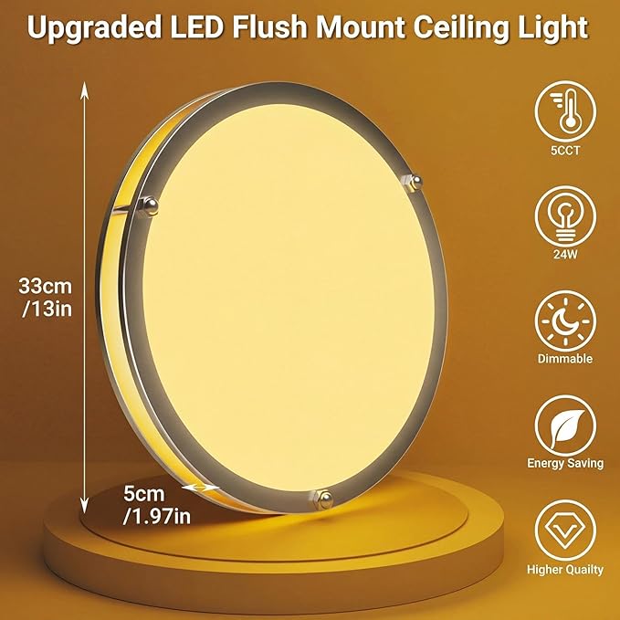 libtit 13-Inch Flush Mount Ceiling Lights, Dimmable 3000K-6500K Adjustable LED Ceiling Light, 24W Round Slim Light Fixture, Brushed Nickel for Kitchen, Bedroom, Bathroom, Hallway -2 Pack