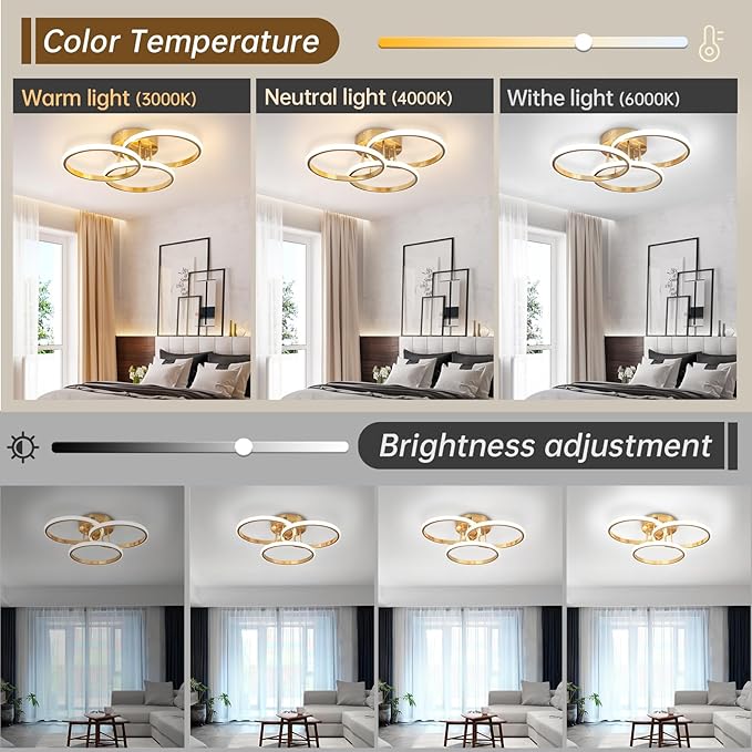 Modern Ceiling Light Fixture,3 Rings Dimmable Flush Mount Ceiling Light with Remote Control, Gold Close to Ceiling Lighting Fixtures for Bedroom Living Room Dining Room Kitchen Ceiling Lamp