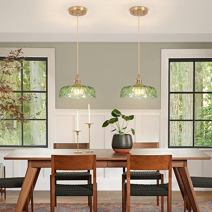 Pendant Lights Kitchen Island,Green Glass Pendant Light Vintage Light Fixtures,9.4inch E26 Finish Ceiling Hanging Lamp for Bedroom Living Room Hallway