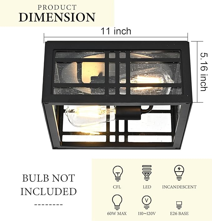 Square Ceiling Light Fixture Flush Mount Ceiling Light Black 2-Light with Seeded Glass, Industrial Ceiling Light Fixture for Kitchen Hallway Porch