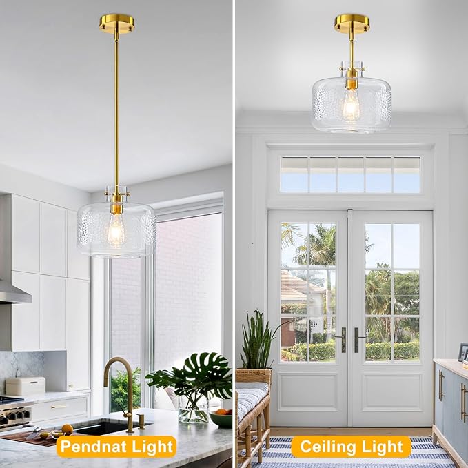 WILON Glass Pendant Lights Kitchen Island, 9.84'' Brass Gold Pendant Lighting Fixtures, Modern Hanging Ceiling Light with Clear Hammered Glass Shade for Farmhouse Dining Room Bedroom Hallway(Brass)