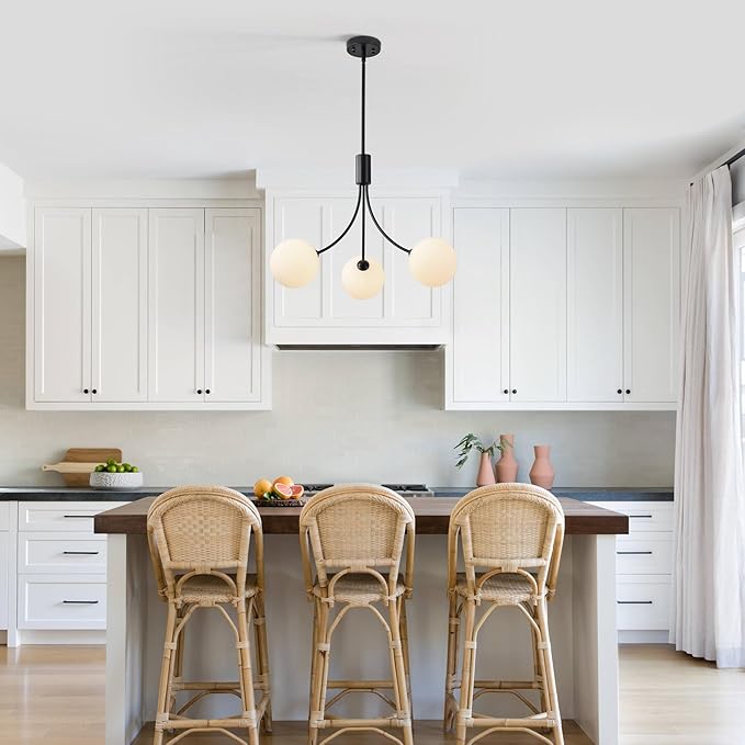 CNRATYE 3-Light Modern Farmhouse Black Chandeliers for Entryway, Mid Century Milk Globe Sputnik Chandelier, Vintage Pendant Lighting for Kitchen Island Dining Room Foyer Bedroom Bathroom