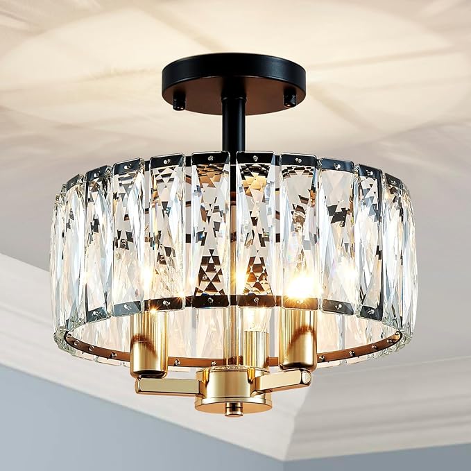 AGV LIGHTING CL003BB K9 Crystal Ceiling Light Fixture, Modern Semi Flush Ceiling Lights, Perfect for Living Room, Bedroom, Dining Room, D13 x H15, 3-Light Shine Gold & Matte Black Finish