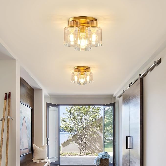 3-Lights Semi Flush Mount Ceiling Light Fixture, Gold Modern Close to Ceiling Light for Kitchen, Foyer, Entryway, Hallway, Dining Room, Amber Gradient Glass Shade with Solid Wood