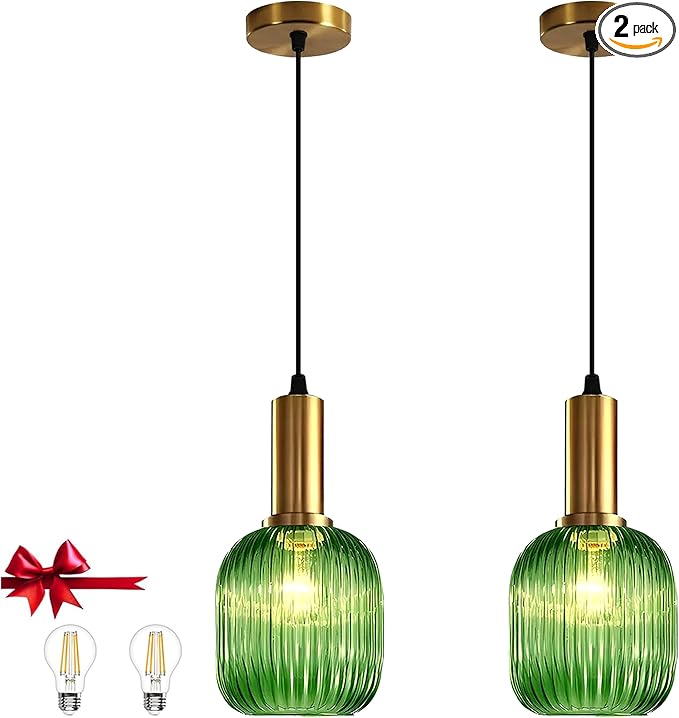 Stunning Green Striped Glass Pendant Light Fixture, 7.87", Bonus 2 A60 Bulbs Included, 2-Pack with Flexible Cords – Enchanting Addition to Kitchen Island, Bedroom Décor