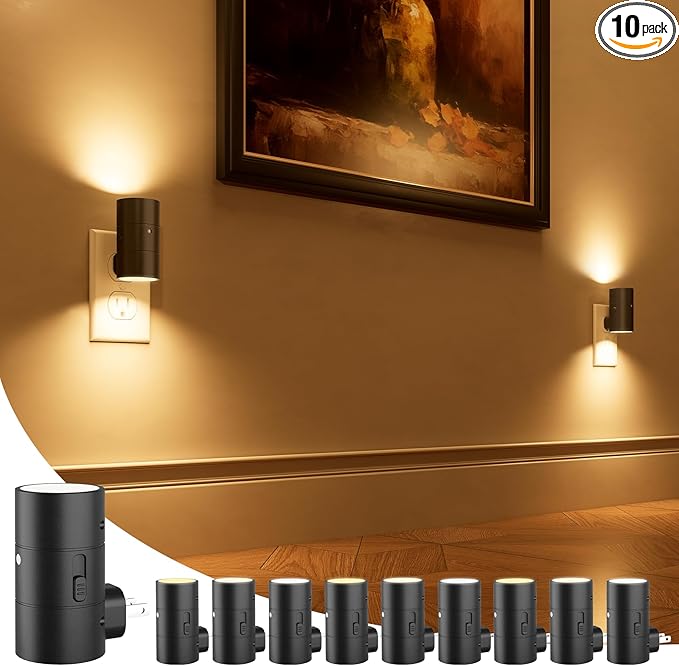 NIORSUN Night Lights Plug into Wall, Dimmable with 3 Color Modes & Auto On/Off Sensor, Ultra-Slim Nightlight for Hallway, Bathroom, Bedroom, Nursery, Kitchen (10 Pack, Black)