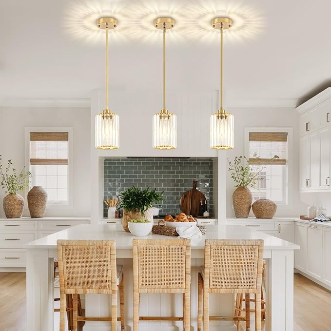 Modern Crystal Pendant Lights Kitchen Island, Brushed Brass Pendant Lighting Over Island Kitchen Hanging Light Fixtures Adjustable Mini Pendant Light for Dining Room Bathroom Entryway Hallway Foyer