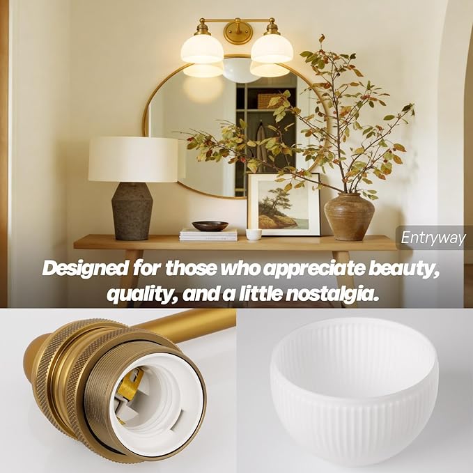 2-Light Gold Wall Sconces,Vintage Bathroom Wall Sconce Light with Milk Glass Double Arm Brass Bathroom Vanity Light for Living Room Bedroom Kitchen E26 Hardwire Indoor
