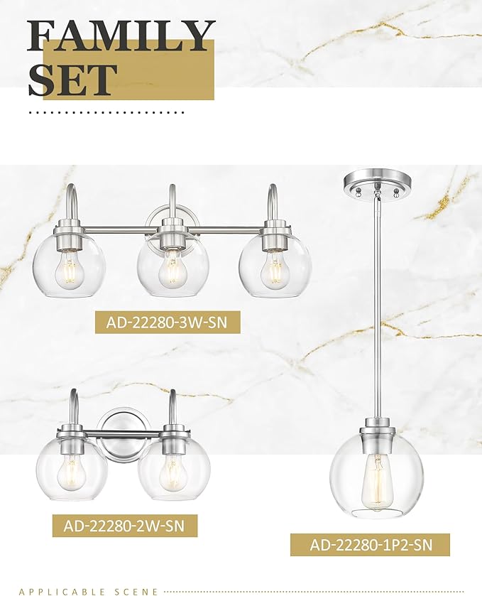 Bathroom Light Fixtures, 3-Light Brushed Nickel Vanity Lights Over Mirror with Globe Clear Glass, Modern Vanity Lighting Fixtures, AD-22280-3W-SN
