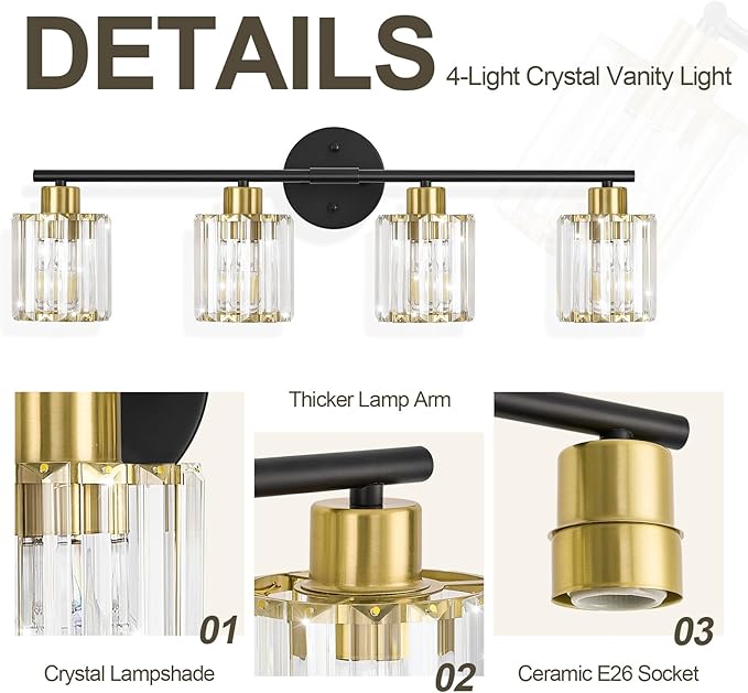 Crystal Bathroom Light Fixtures, Bathroom Lighting Fixtures Over Mirror, Modern Black Gold 4-Light Vanity Lights for Mirror, Restroom, Bedroom (Ceramic E26 Socket,Bulbs Not Include)