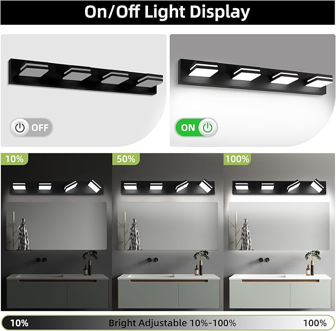 OKELI 4 Light Bathroom Vanity Light Matte Black Modern 32W LED Dimmable Vanity Light Over Mirror 350° Adjustable Lamp Head Cold White 6000K ETL Listed 30Inch