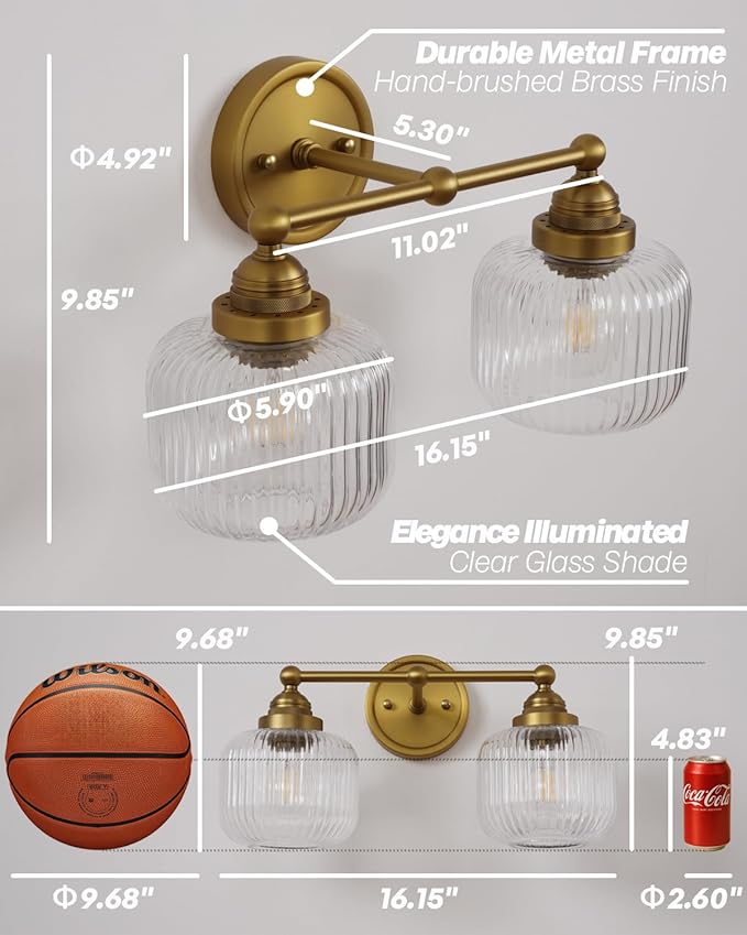 Vintage 2-Lights Clear Ribbed Glass Wall Sconce Lighting Brass Finished, Double Head Bathroom Vanity Light Fixture for Bedroom Living Room Dining Room Hallway