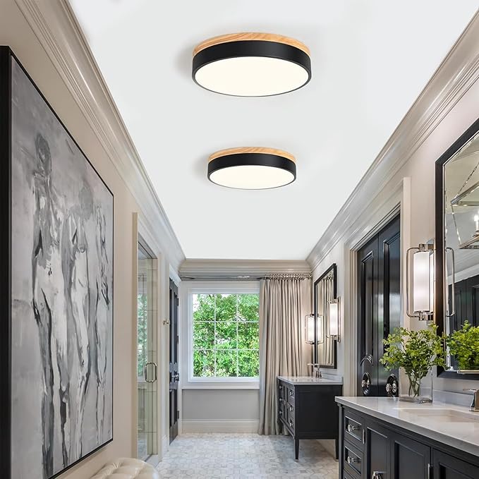Modern Wood Flush Mount Ceiling Light, Black LED 5CCT 2700K-6000K Dimmable Ceiling Light Fixtures, Round Close to Lighting Fixture for Kitchen Entryway Hallway Bedroom Laundry Room-11.8in