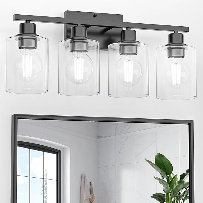 Bathroom Lights Over Mirror, 4-Light Black Vanity Light for Bathroom, 24Inches Anti-Rust Modern Wall Sconce, Standard E26 Base, Clear Glass Shades, Bulbs Not Included