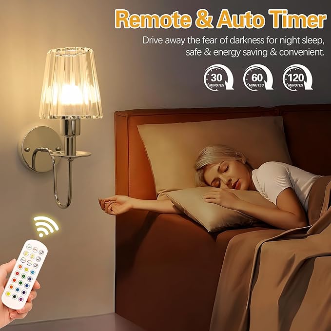 Battery Operated Wall Sconces Set of 2 – 5200mAh Rechargeable Crystal Glass, 15 Colors & 10-Level Dimmable, Wireless Wall Lights for Living Room & Bedroom,Sliver