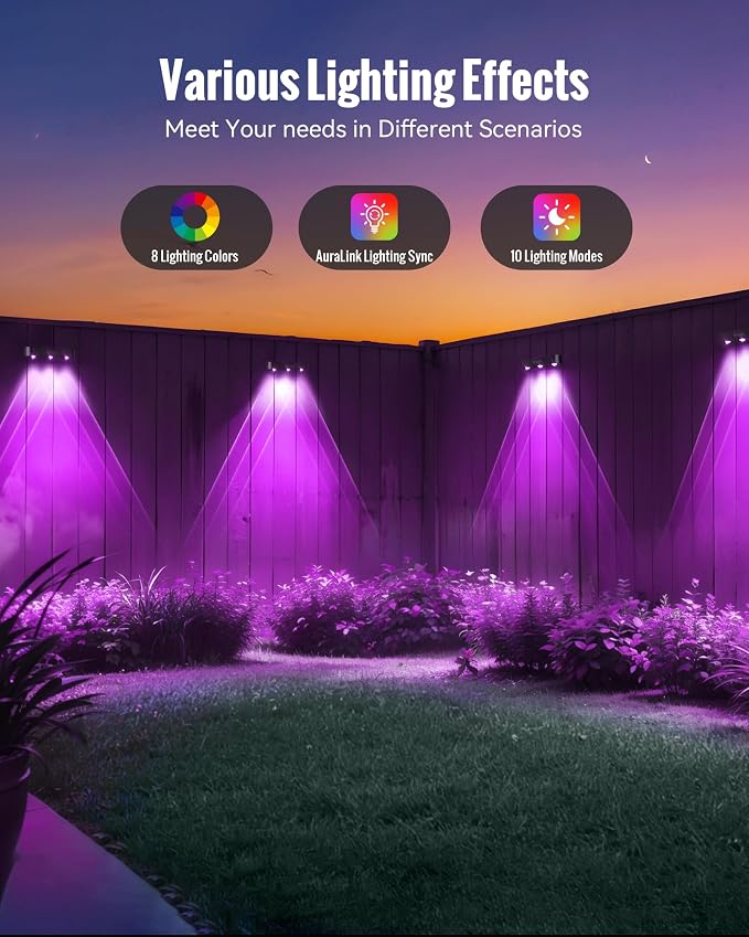 Solar Fence Lights, 4 Pack Outdoor Solar Powered Fence Light with Sync Group Control & 10 Light Modes, Waterproof IP65 Solar Wall Lights for Deck, Patio, Backyard, Wall, Pool, Step