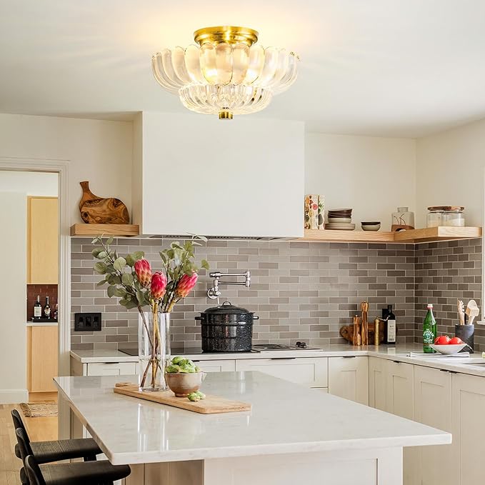 Semi Flush Mount Ceiling Light Fixture Vinatge Gold Ceiling Lights Mid Century Modern Clear Glass Close to Ceiling Lighting Fixtures for Bedroom Hallway Foyer Bathroom Kitchen Laundry Room Nursery