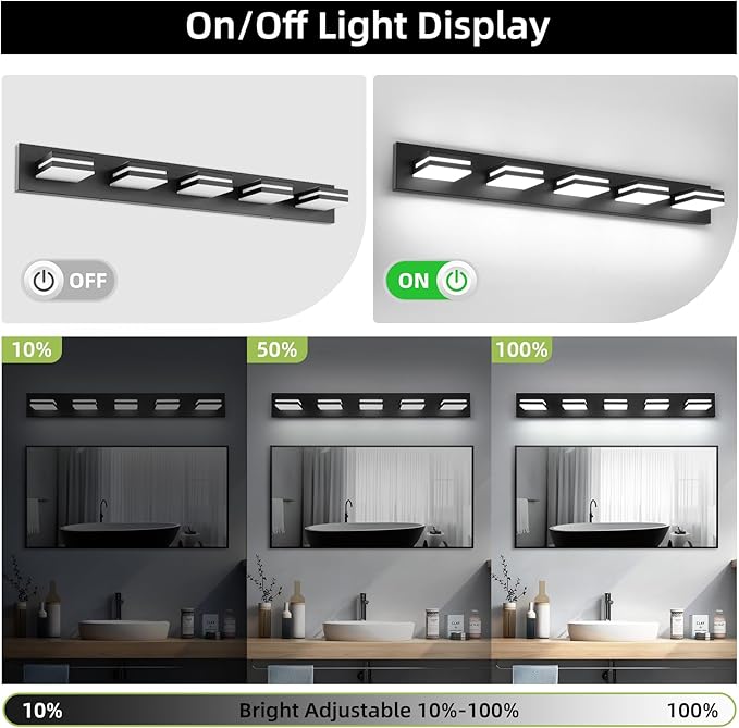 OKELI 5 Light Bathroom Vanity Light Matte Black Modern 36W LED Dimmable Vanity Light Over Mirror 350° Adjustable Lamp Head Cold White 6000K ETL Listed 36.2Inch
