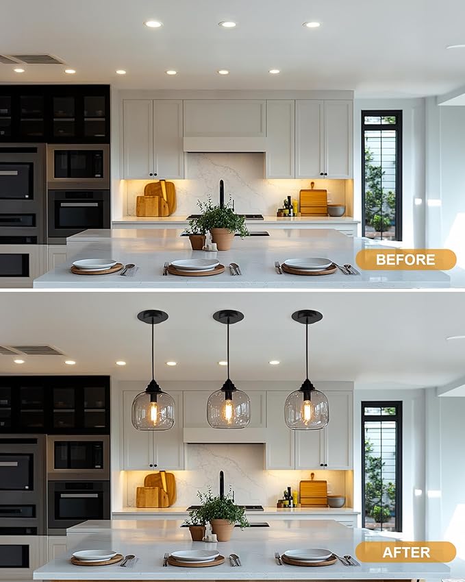 5 and 6 inch Recessed Can Light Conversion Kit, Ceiling Light Fixture Upgrade, Pendant & Hanging, 7¾ Inch Flat Steel Ceiling Medallion, Black Finish 2 Packs