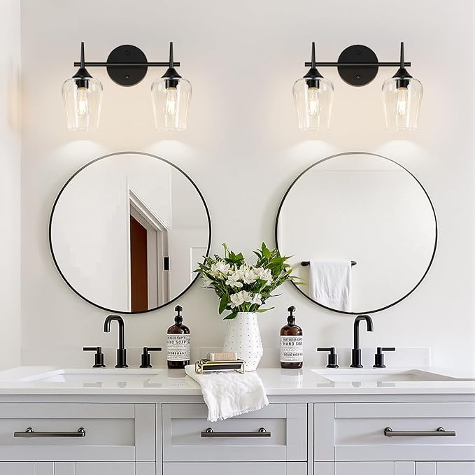 MOKATNG 2-Light Bathroom Light Fixtures, Black Vanity Lights for Bathroom with Clear Glass, Bathroom Lighting Fixtures Over Mirror, Modern Wall lamp for Cabinet Hallway