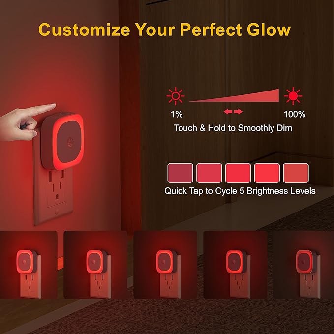 YUNLEX 2 Pack Plug in Red Sleep Night Light with Motion Sensor & Dusk to Dawn Sensor, Soft Glow, 0% Blue Light, Dimmable, Auto On/Off, LED Lights for Bedroom, Kids, Bathroom, Hallway, as Mother Gifts