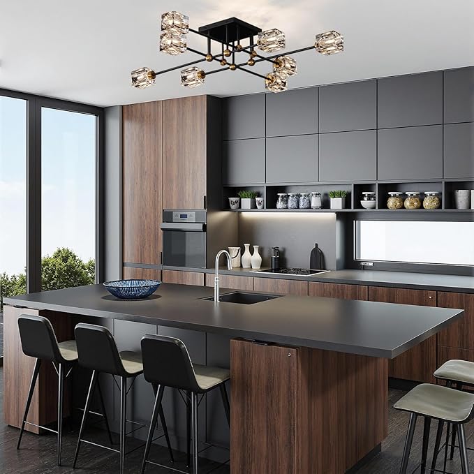 8-Light Crystal Ceiling Light Fixture Black and Gold Semi Flush Mount Ceiling Light Modern Chandeliers for Dining Room Kitchen Island Living Room Bedroom