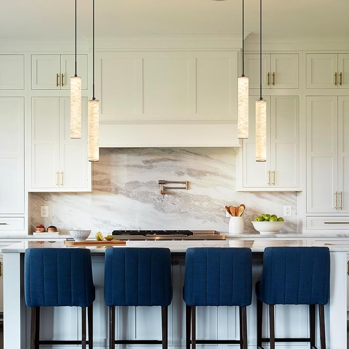 LMQNINE Natural Alabaster Pendant Lights for Kitchen Island White Marble Long Tube Chandelier 4000K Modern Black Ceiling Light Fixtures for Bedroom Dining Room Table Living Room Hallway(M-2Light)