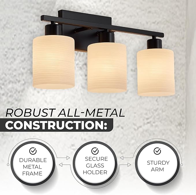 The Door Bull Modern Bathroom Vanity Light, Milky White Glass Shades, Wall Sconce for Bedroom & Living Room, E26 Socket, Over Mirror Lighting Fixture (Matte Black, 3 Lights)