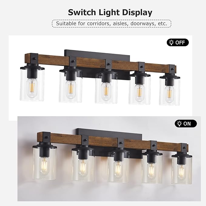 DUJAHMLAND Farmhouse Vanity Lights, 5-Light Wood Bathroom Wall Lighting with Clear Glass, Industrial Metal Wall Sconce for Bedroom, Kitchen, Hallway (Antique Wood, 5-Light)