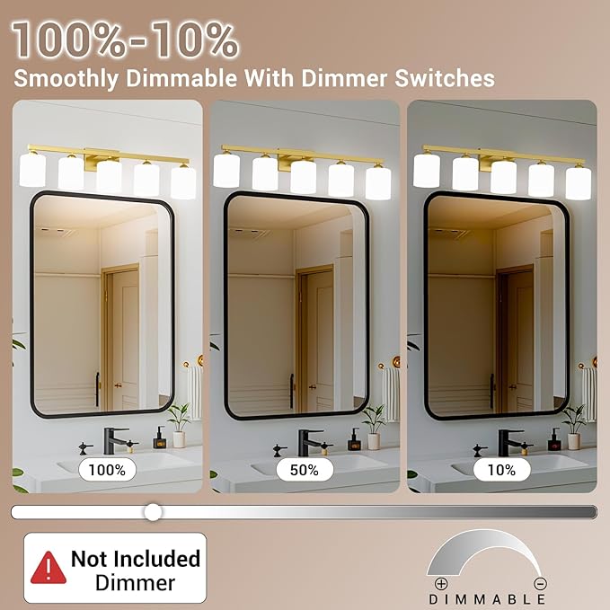 Quntis Gold Bathroom Light Fixtures Over Mirror 5 Colors Adjustable, 5-Light LED Bathroom Vanity Lighting with Milky White Frosted Glass Shade, Vanity Energy-Saving LED 35.8 inch