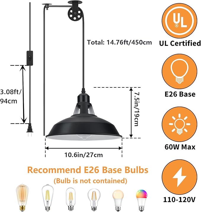 Plug in Pulley Pendant Light with 14.76ft Cord On/Off Switch, Industrial Barn Black Hanging Lights with Plug in Cord, Pulley Wall Pendant Lamp for Kitchen Island, Pool Table, Bedroom, 1 Pack