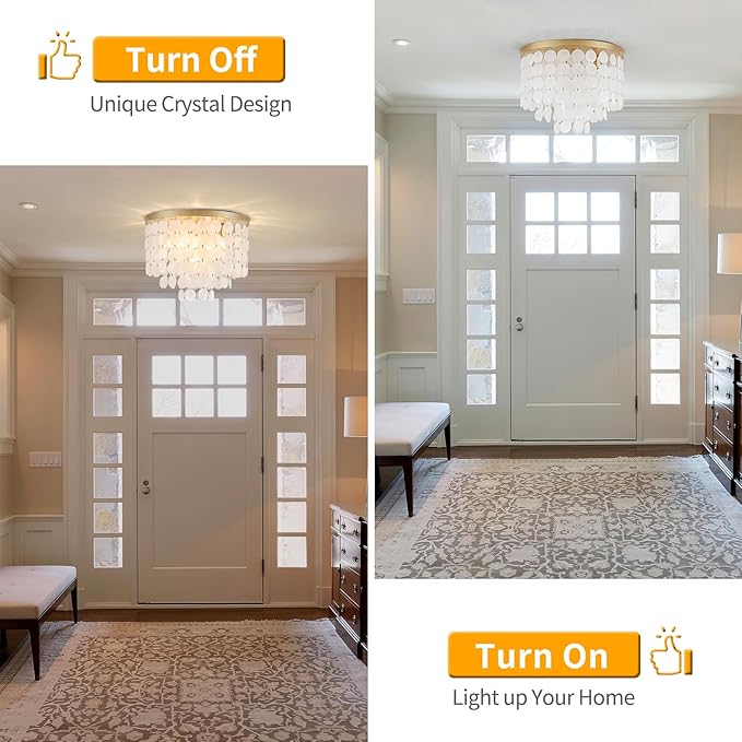 17.72" Capiz Shell Ceiling Light Fixtures, 5 Light Boho Shells Flush Mount Ceiling Light for Bedroom, Hallway, Entryway, Bathroom, Brushed Brass