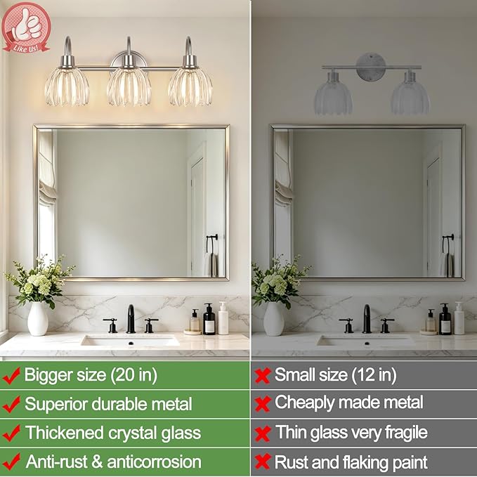 3-Light Bathroom Light Fixtures, 20" Vanity Light Over Mirror with Ribbed Clear Tulip Glass Shades, Brushed Nickel Wall Lights for Bathroom, Bedroom, Living Room, Hallway (Bulb Not Included)