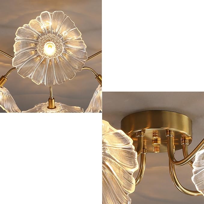 Mid Century Modern Flush Mount Ceiling Light Fixture 6 Lights Gold Brass Ceiling Lights with Clear Glass Flower Shade Sputnik Chandelier Dining Room Large Close to Lighting Fixtures