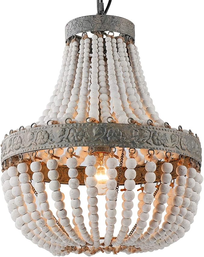 Newrays Wood Bead Chandelier Pendant Bohemian Boho Beachy Ceiling Lamp Light Fixtures (Gray White-Small, 13.58 in*15.74 in)