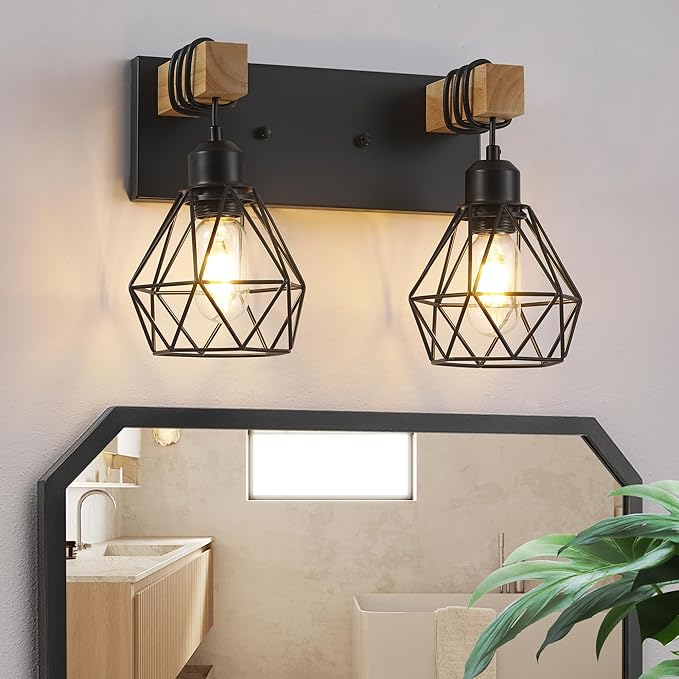 Farmhouse Bathroom Vanity Light Fixtures, 3-Light Wood Bathroom Light Fixtures Over Mirror, Rustic Sconces Wall Lighting with Elegant Metal Lampshade for Living Room, Bedroom, Hallway