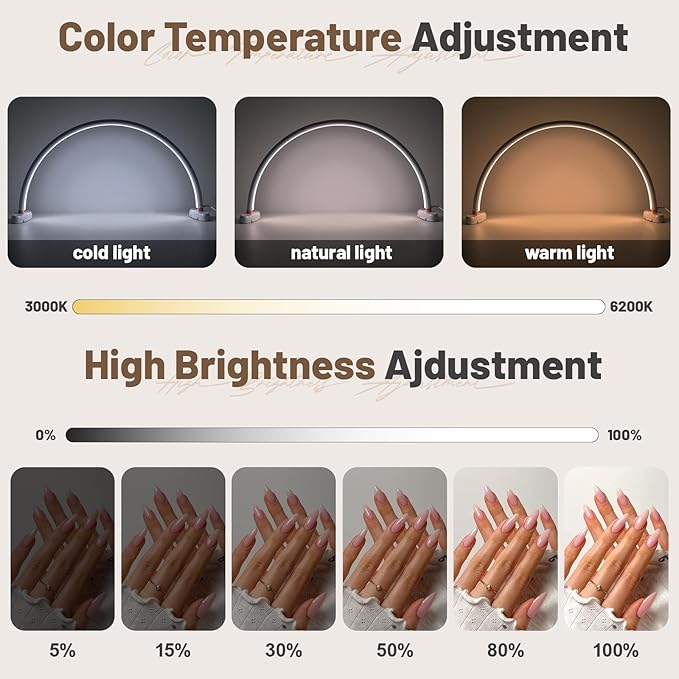 BZJ 16 inch Half Moon Light for Nail Desk Portable Nail Light with Liftable Base Desk Lamp No Flicker & Shadow for Desk Salon Table Use, 3 Color Temperature
