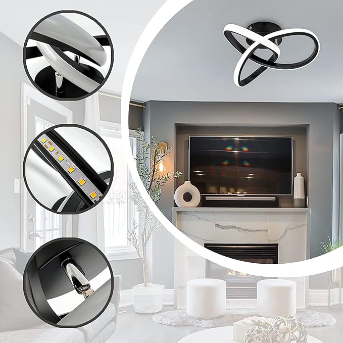 EIDISUNY Modern LED Ceiling Light, 2 Rings Creative Black Hallway Ceiling Lighting 6000K Flush Mount Ceiling Lights for Kitchen Bathroom Cool White Light 22W (Black)