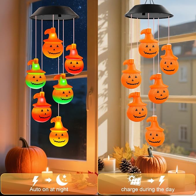 Halloween Decorations, Fall Decor Birthday Gifts for Women, Winzwon Solar Lights Outdoor Wind Chimes for Outside Garden Yard Patio Porch Decor Hanging Pumpkin Autumn Lights