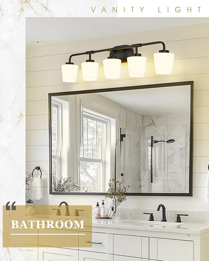 Bathroom Light Fixtures Over Mirror, 5-Light Matte Black Vanity Lighting Fixtures with Milk White Glass, 38inch Farmhouse Wall Sconces Lighting, AD-22004-5W-BK
